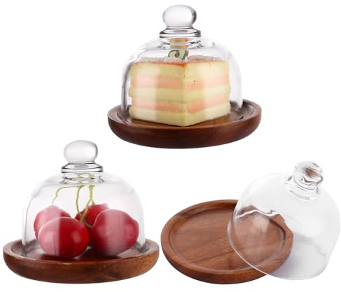 LOPYXBR 3PCS Mini Cake Stand with Dome Lid Glass, Small Cake Stand with Lid | 10.4 x 9 cm Wooden Cake Stand with Glass Cake Dome Small Cakes Display Stands with Glasses Domes Cover for Birthday Party