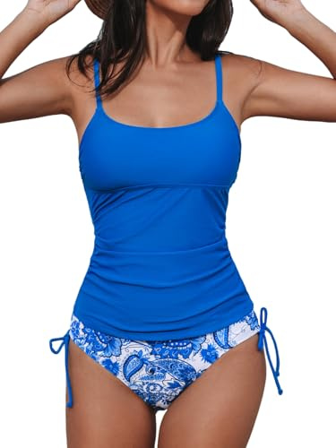 CUPSHE - Tankini da donna, scollo rotondo, spalline regolabili, coulisse, vita alta, costume da bagno a due pezzi, L