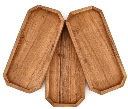Kimona Piatti da portata rettangolari in legno di acacia, per dessert, snack, pane, frutta, antipasti (set da 3) (28 x 12,7 x 1,9 cm)