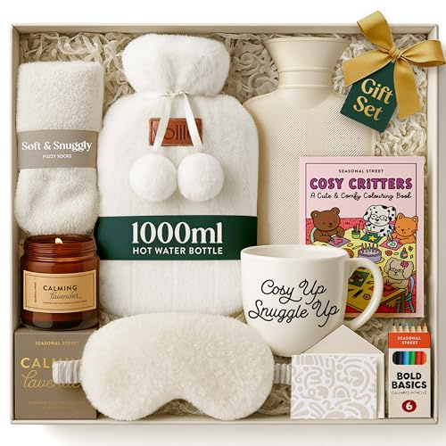Mother's Day Gift Set - Mothers Day Hamper with 1L Hot Water Bottle, Socks, Mug, Candle, Sleep Mask, & Colouring Book with Pencil, Mothers Day Gifts for Mum