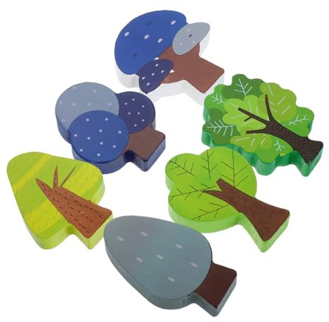 Abaodam 6Stücke Teiliges Set Holz Zug Zubehör mit Bemalten Bäumen für Kreative Eisenbahnszenen Kompatibel mit Holzeisenbahn Spieltisch Fördert Kreativität und Koordination