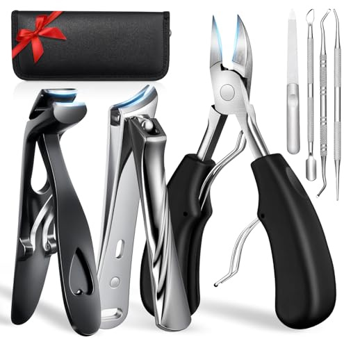 7PCS Toenail Clippers for Thick Nails: Angled Head Large Toe Nail Clippers Set for Men Seniors Women - Wide Jaw Opening Slanted Ingrown Toenail Clippers - Sharp Heavy Duty Nail Cutter With Long Handle