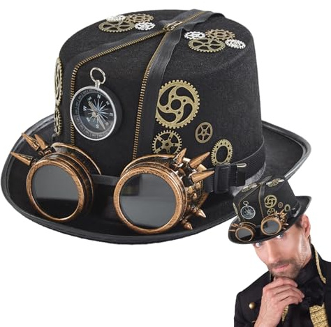 Cappello gotico Steampunk da uomo - Cappello alto nero vintage, accessorio classico per costume, copricapo in stile retrò con | Costume da viaggio nel per Halloween, feste in maschera