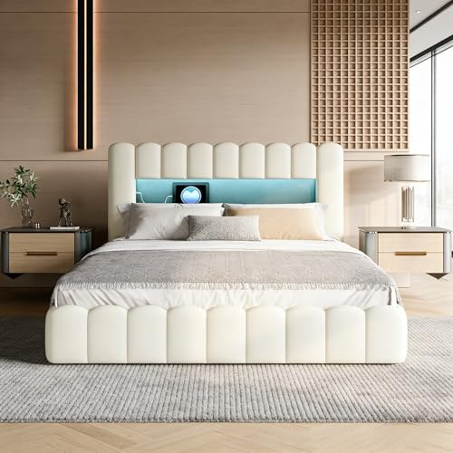 HOOGDLJ Cama Tapizada Bubble de 140 x 200 cm, Cama Doble con Canapé y Somier Cama Hidráulica con Iluminación Led y USB Estructura de Cama para Adultos y Adolescentes, Color Beige Lino