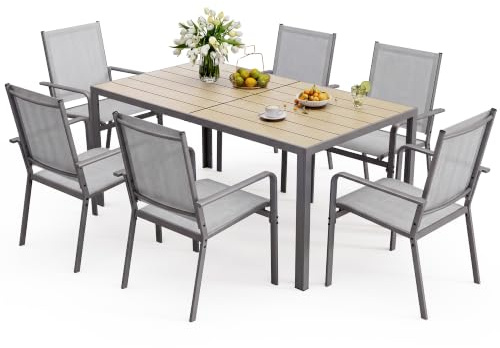 Xbro Conjunto de Mesa y Sillas Jardín de 7 Piezas, Mesa de Metal de Agujero Lateral para sombrilla y 6 Sillas Apilables de Textileno, Muebles de Terraza Resistentes al Óxido y a la Intemperie