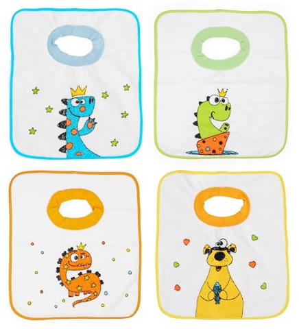 Ti TIN Pack 4 Baby Estampados Impermeables för att du ska kunna bära den 1 año con Cuello de Goma Elástica | Babero con Toalla de Rizo Forrado con Plástico Compuesto de 90% bomull och 10% polyester,