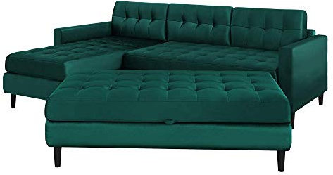 Selsey KOPENHAGA - Ecksofa/Moderne Eckcouch mit Veloursbezug, Holzbeinen, Ottomane beidseitig montierbar, 225 cm breit (Dunkelgrün, mit Hocker)