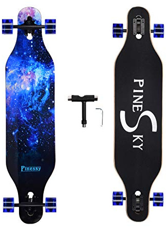 PINESKY 41 Inch Longboard Skateboard 9 Ply Natural Maple Complete Skateboard Cruiser for Cruising, Carving, Free-Style and Downhill with T-Tool Blue Sky