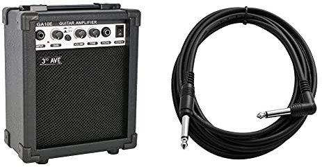 3rd Avenue Rocket Series 10W Guitar Amplifier with Headphone Output and Effects Compact Practice Amp - Black & Tiger 6.35Mm - 1/4 Inch Right Angled Jack Guitar Cable - 3M Guitar, Bass Lead