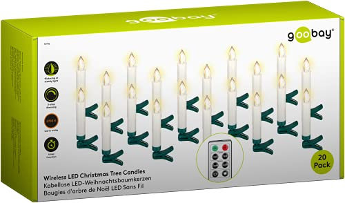 goobay 53942 Kabellose LED Weihnachtsbaumkerzen mit Timerfunktion/LED Kerzen mit Fernbedienung/Flackernde Flamme Christbaumkerzen/Elektrische Kerzen/Baumkerzen 20er Set/Weiß
