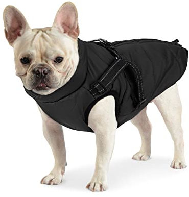 Dociote Hundemantel Hundejacke mit Geschirr & Reißverschluss gefütterter & wasserdichter Wintermantel Winterjacke für Winter für kleine mittelgroße Hunde Schwarz L