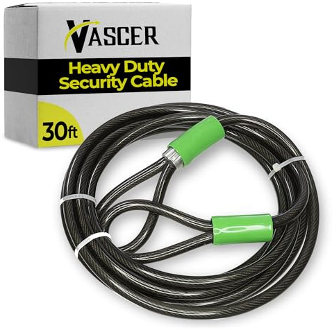 Vascer Heavy Duty Security Cable with Loops - 30 Feet (3/8) Bike Cable Lock Cut Resistant with Braided Steel and Vinyl Coating -Security Chain Lock for Bicycle, Boat, Ladder, Gate, Mower & Equipment