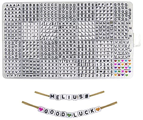 MELIUS Quadratische Buchstabenperlen aus Acryl, 6 x 6 mm, in alphabetischer Reihenfolge, Buchstabenperlen mit Zahlen, bunte Herzen, Würfelperlen für Schmuckherstellung, selbstgemachte Halsketten,