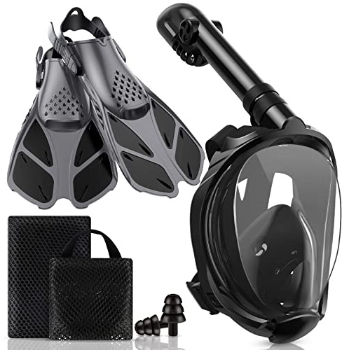 Viginsul Mask Fins Snorkeling Gear for Adults, Full Face Snorkel Mask & Adjustable Swim Fins Snorkel Set, Panoramic View Snorkel Mask Dry Top Anti-Fog Anti-Leak