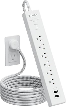 Surge Protector with USB Ports, 1.8 m, Braided Flat Plug Extension Cable with 6 AC Outputs, 2 USB A, Wall Mounted, 900 J, Multiple Output Extension for Home, Office, Bedroom