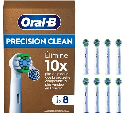 Oral-B Pro Lot De 8 Brossettes De Rechange Précision Clean, AUTHENTIQUES, Blanches, 3 Types De Filaments Et Tête Ronde Pour Un Nettoyage Précis, Embouts Pour Brosses A Dents Electriques Oral B Pro