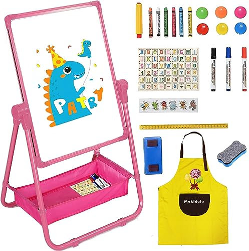 Mekidulu Kids Whiteboard 63cm-107cm Adjustable 360° Rotating-Double Sided Iron Easel-with Apron, Alphabet Cartoon, Pen-Easel Kids（Pink HA-002）