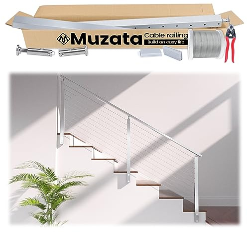Muzata 3'-6'6 Side Mount Complete Cable Railing Kit for Stairs 36 Inch Brushed Cable Railing System with Post Handrail Left & Right Universal Space-Saving Fascia Mount RCF1 LA4S