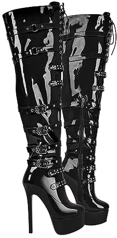 blingqueen Botas de tacón alto por encima de la rodilla para mujer, Negro Lacado, 41 EU