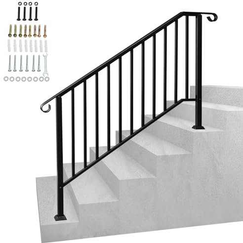 Wrought Iron Handrail, Step Handrails for Outdoor Steps Fit 4 to 5 Steps, Adjustable Porch Railing Transitional Rail with Installation Kit