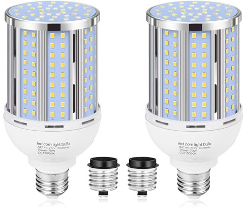 Bombillas LED de maíz de 70 W (paquete de 2) (equivalente a 700 vatios) sin ventilador E26/E39 mediano/grande, base de mogul LED Coblam, lámpara de 5000 K, luz diurna 8800 lm, para exteriores