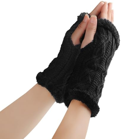AYNKH Fingerless Gloves for Women, Thicken Plush Warm Knitted Gloves, Winter Mittens Half Finger Warmers for Girls Ladies Kids (Black)