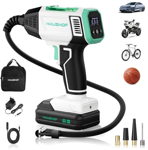 HAUSHOF Akku Luftkompressor 150 PSI (10,3 bar), Tragbare Luftpumpe mit 4 Modi + Manueller Modus, 20V 2000mAh Kabelloser Kompressor, Digitales Display, Auto-Abschaltung für Reifen, Motorrad, Fahrrad