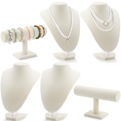 Huquary 6 Pcs Velvet Jewelry Display Set Necklace Display Stand T Bar Bracelet Holder Jewelry Bust for Home Store Trade Show(Beige)