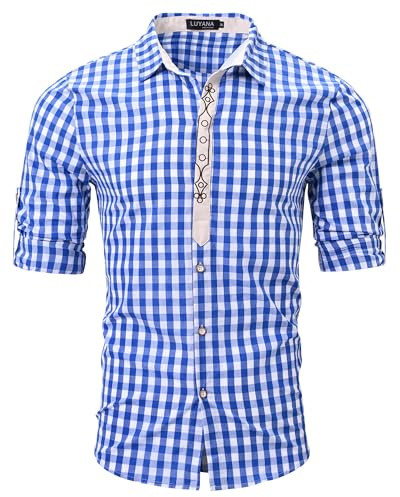 LUYANA Oktoberfest Shirt for Men German Bavarian Long Sleeve Plaid Shirt Traditional Shirts Blue L