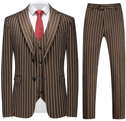 MOGU Mens 3 Piece Pinstripe Suit Slim Fit Double Vents Tuxedo Jacket Vest & Pants Casual Dress Set Size XS Brown