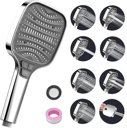 Pomme de douche haute pression – Pommeau de douche carré avec 8 modes de pulvérisation, grand pommeau de douche puissant pour appareils de salle de bain – Accessoire de douche de baignoire, argenté