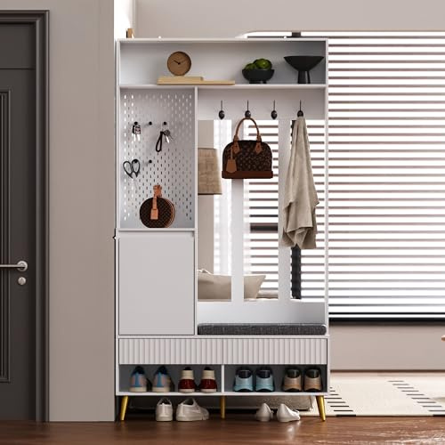 Trdlpyn Set di appendiabiti con scarpiera, appendiabiti da corridoio, con 4 ganci, due cassetti e 1 ante, per ingresso, 100 x 35 x 180 cm