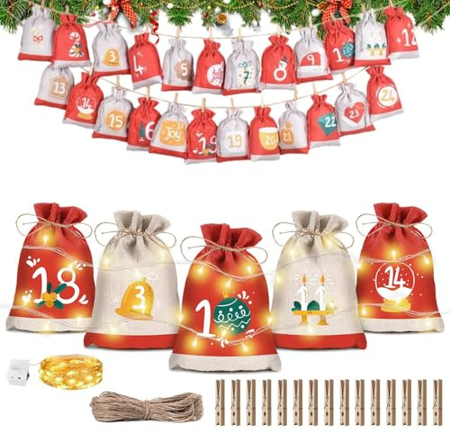 Calendario dell’Avvento da Riempire 2025 con Catena Luminosa a LED, 24 Sacchetti in Stoffa, Calendario dell’Avvento Fai-da-Te per Bambini e Adulti, Set Decorazioni Natalizie (A)