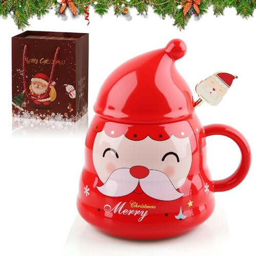 QIANAI Tazas de Cerámica de Navidad, Tapa Navideña, Juego de Tazas Navideñas de Cerámica, Christmas Cup con Tapa y Cuchara, Juego de Tazas Navideñas, Regalo Navideño (A)