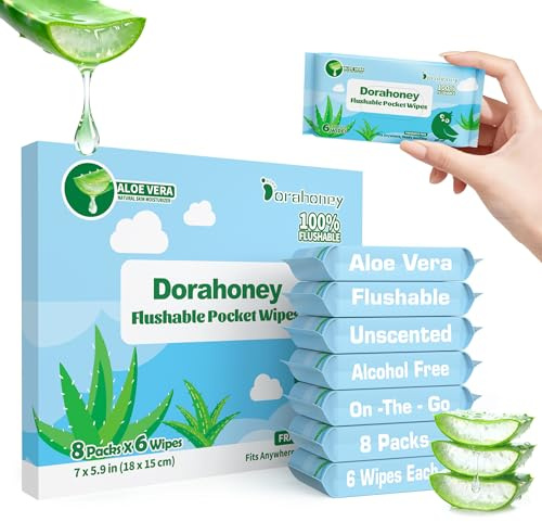Mini Feuchttücher Reisegröße, Feuchtes Toilettenpapier spülbar mit Aloe Vera, unparfümiert, 99% Wasser, Hypoallergen für Empfindliche Haut, Kleine Päckchen Feuchttücher Unterwegs, 8er Pack (48 Tücher)