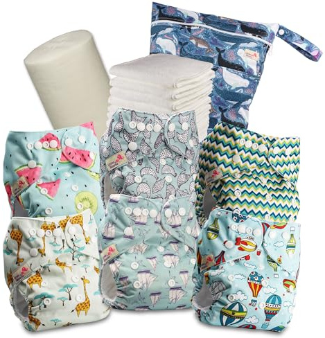 Littles & Bloomz Pañales de Tela – Pañal de Bolsillo con Broches, Pack 6 con 6 Insertos de Microfibra, Forro de Bambú y Bolsa Impermeable, 627PM6