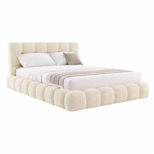 Luxury Boucle Fabric Upholstered Bed Frame with 40-Inch Headboard, Slatted Base, Modern Style – Double & King Size (Teddy Cream, 4FT6 Double)