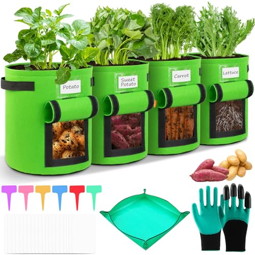TEGOVE 4 Pezzi 40L Sacchi per Piante in Tessuto Non Tessuto 10 Galloni,Sacchetti per Coltivazione di Patate con Maniglie e Etichette,Grow Borse di Piantapatate per Verdure,Frutta,Fiori