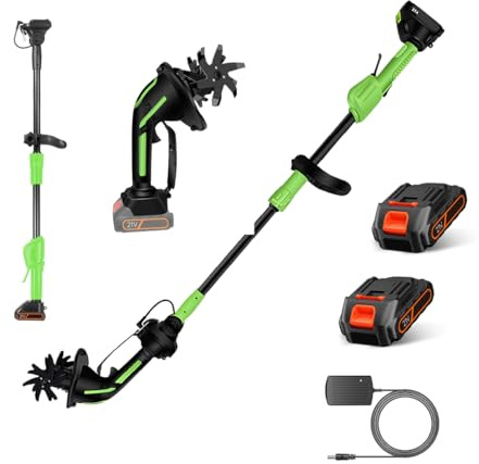 Motoazada Electrica,Mini Motoazada Portátil Varilla De Extensión Desmontable De 1,3m,Ancho De Labranza 10cm, Profundidad De Labranza 10 Cm,Baterías 3000 Mah,2300RPM, Para Huertos y Patios (2 baterías)