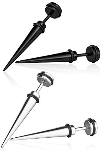 Yumilok Edelstahl Fake-Stab Fake Dehnungsstarb Ohrstecker Piercing Ohrringe Hypoallergen Ohrschmuck für Damen Herren, 2 Paare(Schwarz, Silber)