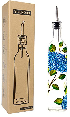 YIYUKODO 17oz Hand Painted Glass Olive Oil Bottle Dispenser - 500ml Green Oil & Vinegar Cruet with Pourers - Olive Oil Carafe Decanter for Kitchen (hydrangea)