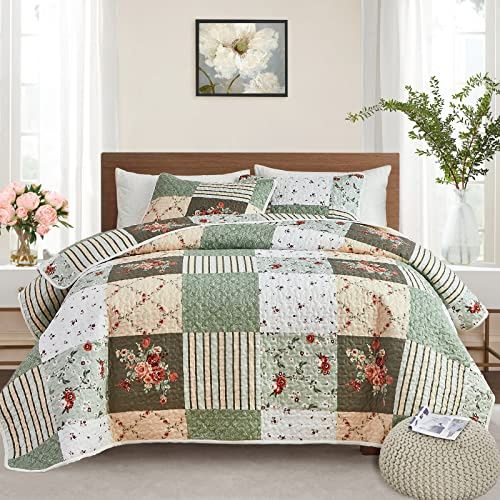 Patchwork Quilt Set Full/Queen Size, 3 Pieces Green Floral Plaid Summer Bedspread Coverlet Set, Soft Microfiber Reversible Lightweight Bed Cover for All Season (90 x 90, 1 Quilt+ 2 Pillow Shams)