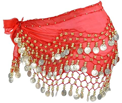 Damen Bauchtanz Gürtel, Bauchtanz Kostüm Hüfttuch Rock, Bauchtanzgürtel Münzgürtel Tanztuch mit 98 Münzen, Orientalischer Tanz Hüftschal, Chiffon, 1 Stück (Rot)