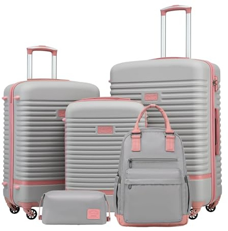 COOLIFE Set di Valigie,Trolley da Viaggio con 4 Rotelle Girevoli a 360° TSA Serratura 1 zaino da viaggio e 1 Borsa da toilette Incluso (Rosa/Grigio, Set da 5 Pezzi)