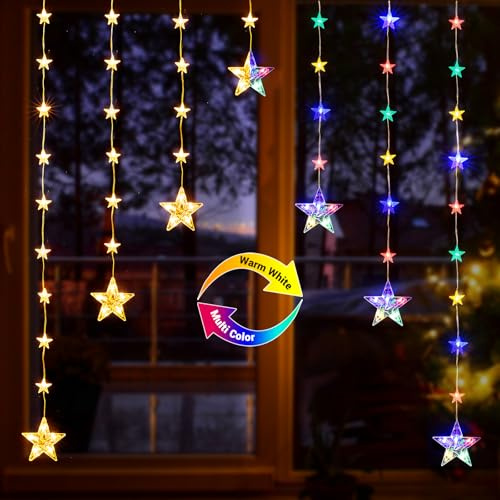 Quntis Luci Natale Batteria 74 LEDs 1,5M Tenda Luminosa Stella 8 Modalità IP44 Catene Luminose Interno Esterno Bianche Calde a 4 Colori Luce Decorative per Finestra Festa Matrimonio