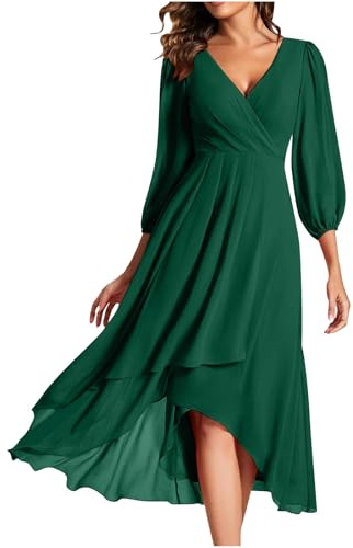 Keepink Ladies Dresses Size 8/18 UK Chiffon Wedding Guest Dress V Neck Wrap High Waist Elegant Long Sleeve Formal Long Evening Party Mother of The Bride Outfits