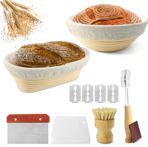 Banneton Bread Proofing Basket Set for Sourdough Bread Baking: 23cm Round & 25cm Oval Rattan Proving Bowls with Liner, Bread Lame, Dough Scraper, Brush, Baking Gifts for Professionals and Home Bakers