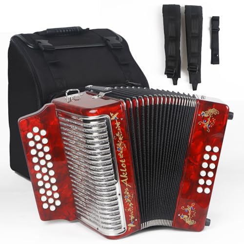 AKLOT 31 Key 12 Bass Accordion, GCF,Celluloid Body, Metal Cover Accordions Louder Clearer Timbre than Plastic,Luxury Thicker Backpack,Straps,Embedded Imitation Diamond 31 Buttons Diatonic Acordeón Red