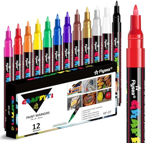 Alitastro 12 Acrylic Paint Pens Marker Pens - Waterproof Fabric Paint Markers Acrylic Markers for Rock Painting, Glass, Wood, Stone, Canvas, Metal, Arts and Crafts for Adult,0.7mm Extra Fine