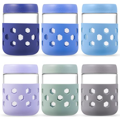 Gemice 6-Pack Glass Overnight Oats Jar with Silicone Sleeves, 500ml Overnight Oats Containers with Lids, Salad Breakfast Pots Mason Jars for Chia Pudding Granola Yoghurt Porridge Cereals